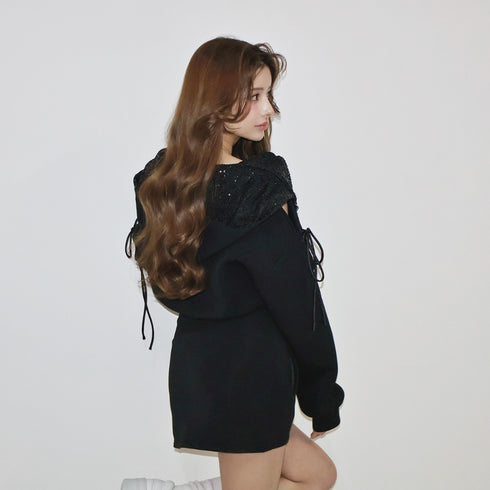 Shoulder cutout sequin sweatshirt setup